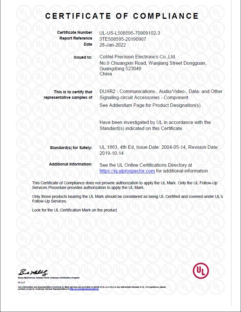 RJ45 Connector UL Certificate RJ45 Connector UL Certificate