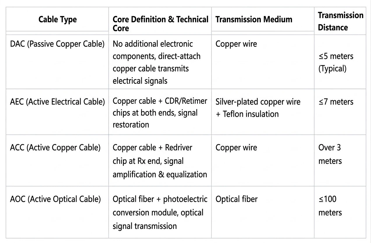 The comparison table of DAC,AOC,ACC and AEC cable The comparison table of DAC,AOC,ACC and AEC cable