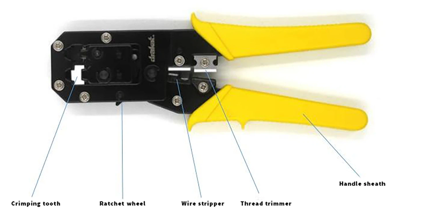 the dual-use ratchet crimping plier, as a multi-function crimping plier, can terminate RJ45/RJ11, strip, and cut wires. the dual-use ratchet crimping plier, as a multi-function crimping plier, can terminate RJ45/RJ11, strip, and cut wires.