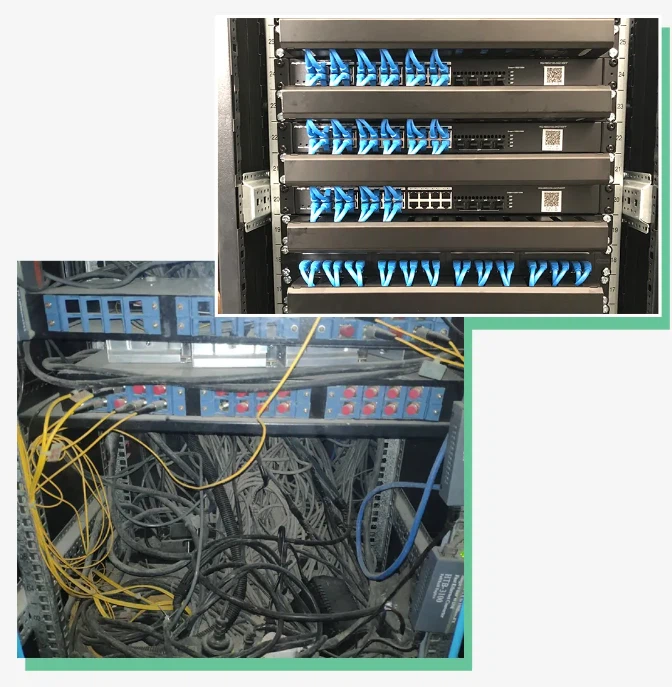 Without using cable managers, cables will be exposed, leading to a chaotic server room after maintenance. Without using cable managers, cables will be exposed, leading to a chaotic server room after maintenance.