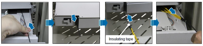 Route the E2000 fiber from the rear to the front of the box using the strength member: Thread the strength member through the cable entry hole at the front of the box. Secure both the strength member and fiber to the rack with insulating tape. Then pull the strength member to guide the E2000 fiber to the front of the box. Route the E2000 fiber from the rear to the front of the box using the strength member: Thread the strength member through the cable entry hole at the front of the box. Secure both the strength member and fiber to the rack with insulating tape. Then pull the strength member to guide the E2000 fiber to the front of the box.