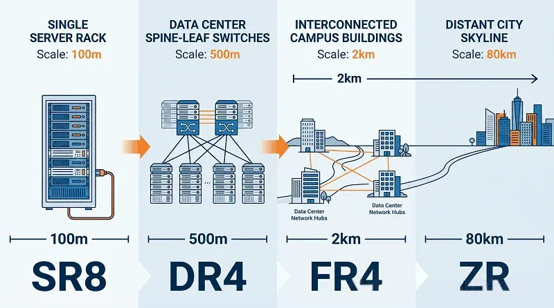 Each type (SR8, DR4, FR4, and LR4) is engineered for a specific reach and fiber infrastructure. The wrong choice means incompatible connectors, degraded link performance, or a full rewire at project cost. Each type (SR8, DR4, FR4, and LR4) is engineered for a specific reach and fiber infrastructure. The wrong choice means incompatible connectors, degraded link performance, or a full rewire at project cost.