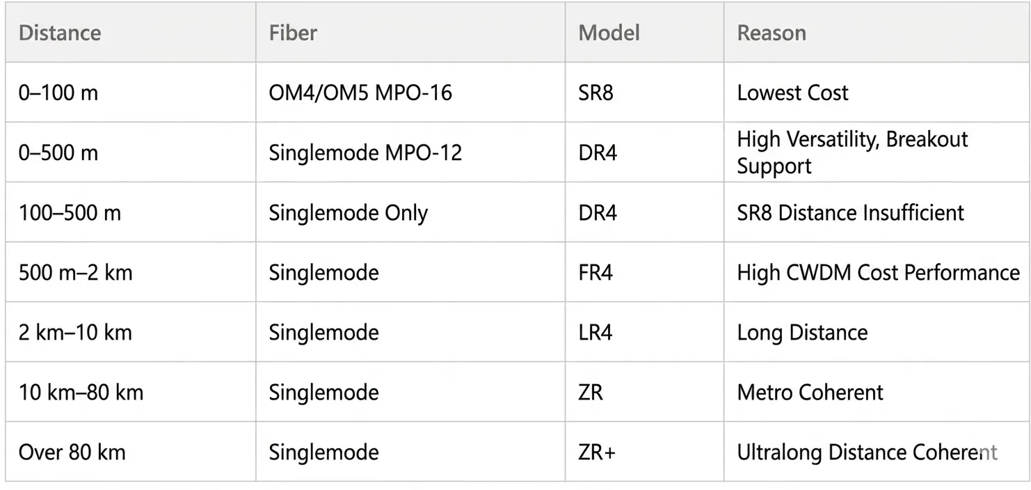 MPO-16 multimode (OM4 or OM5) means SR8 is your only option for sub-100m links. MPO-12 APC single-mode means DR4 for anything up to 500m. Duplex LC single-mode means FR4 for up to 2km or LR4 for up to 10km SR8 tops out at 100m on OM4. DR4 tops out at 500m. FR4 covers up to 2km. LR4 covers up to 10km. MPO-16 multimode (OM4 or OM5) means SR8 is your only option for sub-100m links. MPO-12 APC single-mode means DR4 for anything up to 500m. Duplex LC single-mode means FR4 for up to 2km or LR4 for up to 10km SR8 tops out at 100m on OM4. DR4 tops out at 500m. FR4 covers up to 2km. LR4 covers up to 10km.