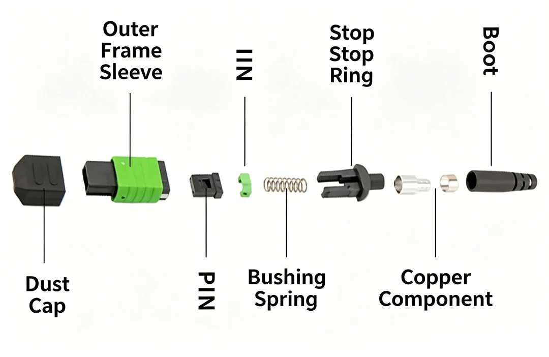 A complete MPO connector assembly includes these parts:Tail sleeve (boot),Coupling nut, Stop ring, Spring,Guide pins,Retainer clip,MT ferrule,Outer housing,and Dust cap A complete MPO connector assembly includes these parts:Tail sleeve (boot),Coupling nut, Stop ring, Spring,Guide pins,Retainer clip,MT ferrule,Outer housing,and Dust cap