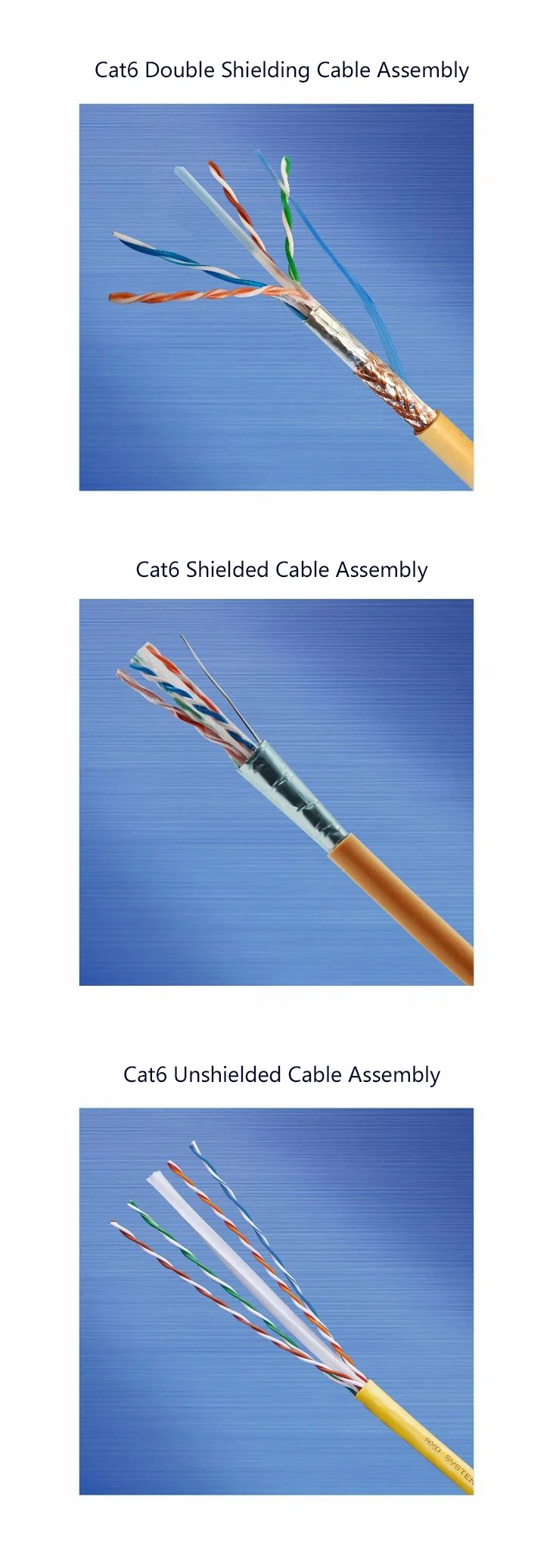 Different structure of Cat6 double shielded,shielded and unshielded cable Different structure of Cat6 double shielded,shielded and unshielded cable
