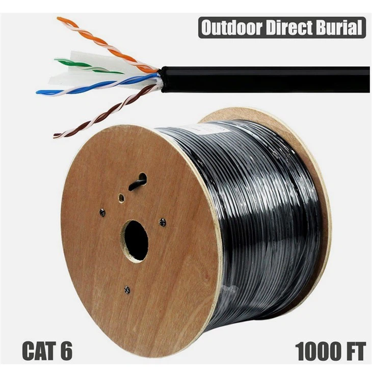 Outdoor CAT6 UTP Solid Cable Pure Copper 23awg Black PE Jacket 305m Drum.
