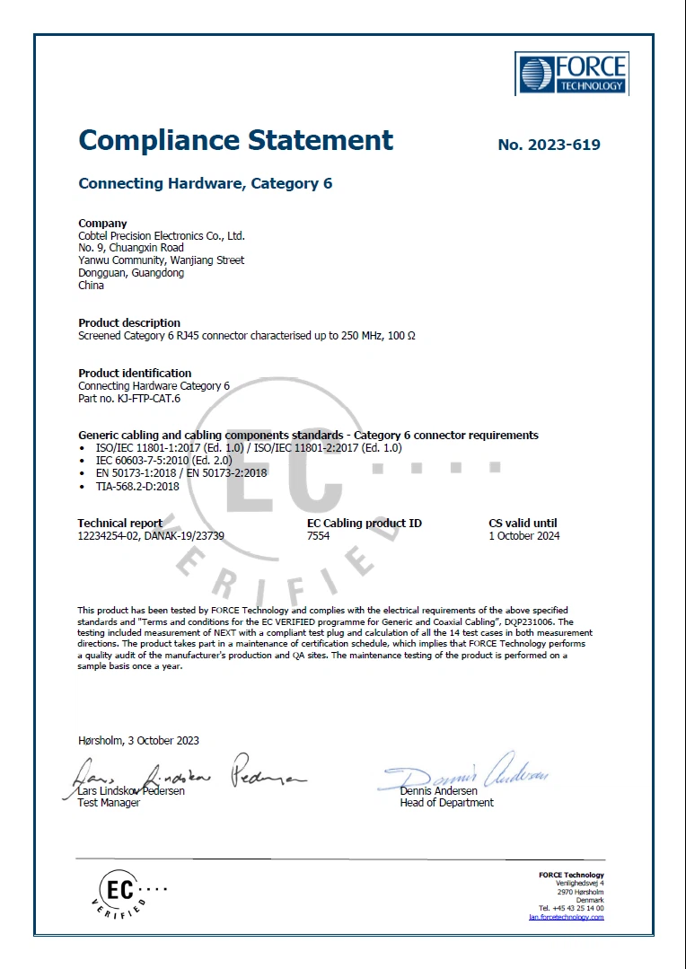 FTP RJ45 Connector EC Certificate FTP RJ45 Connector EC Certificate