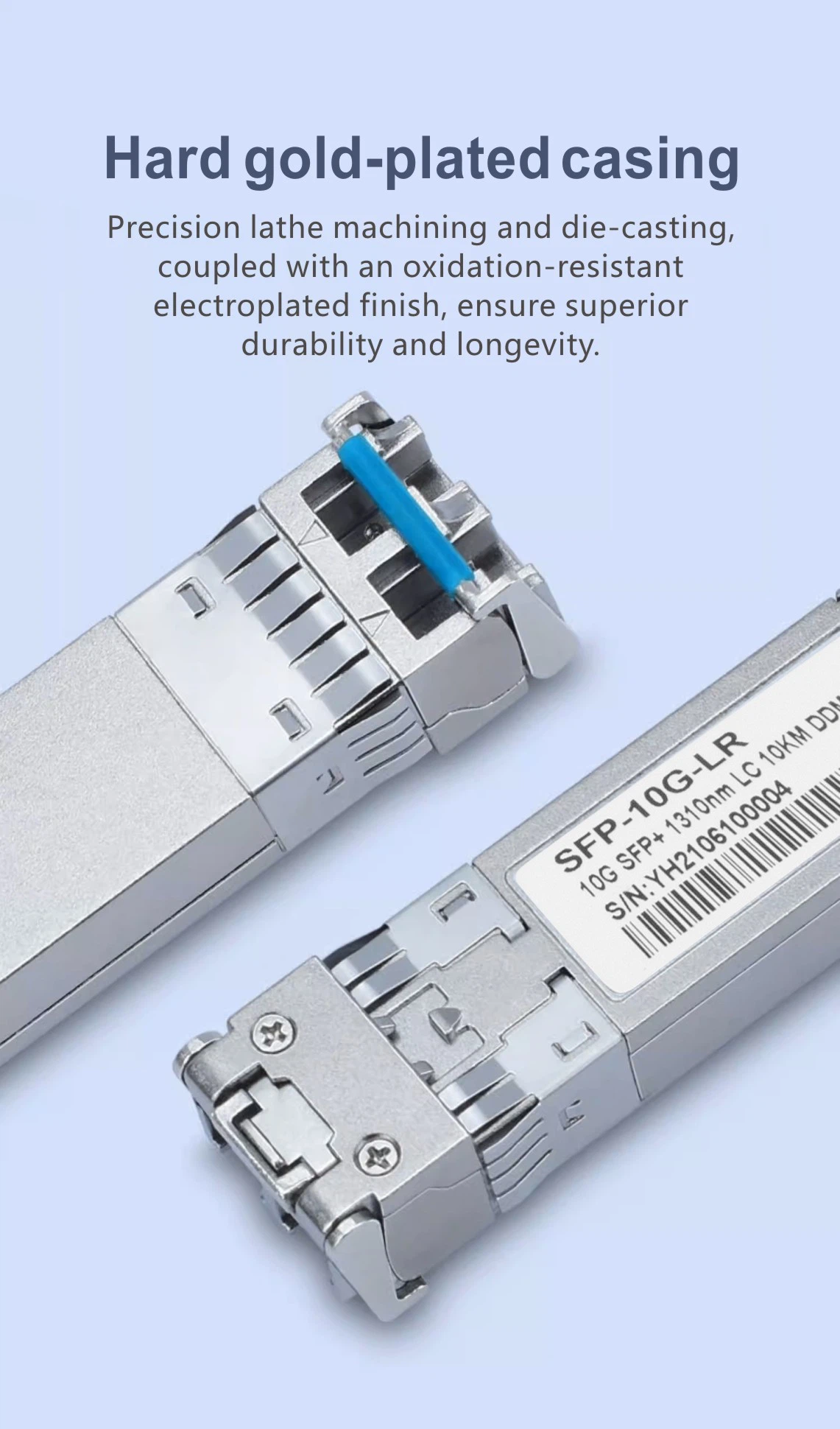 Rear view of 10G fiber module emphasizing thick gold-plated electrical connector pins for reliable, hot-swappable switch connectivity. Rear view of 10G fiber module emphasizing thick gold-plated electrical connector pins for reliable, hot-swappable switch connectivity.