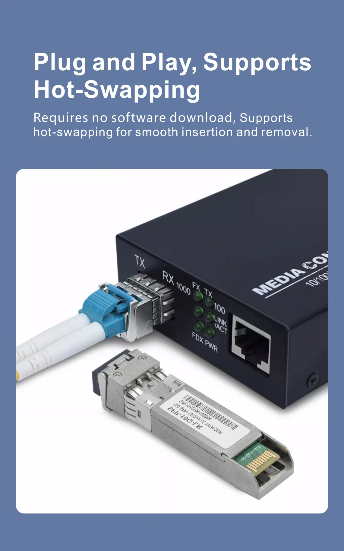 Side profile of SFP-10G-LR module showing specification label detailing 1310nm wavelength, 10Gbps rate, and 10km reach on SMF. Side profile of SFP-10G-LR module showing specification label detailing 1310nm wavelength, 10Gbps rate, and 10km reach on SMF.