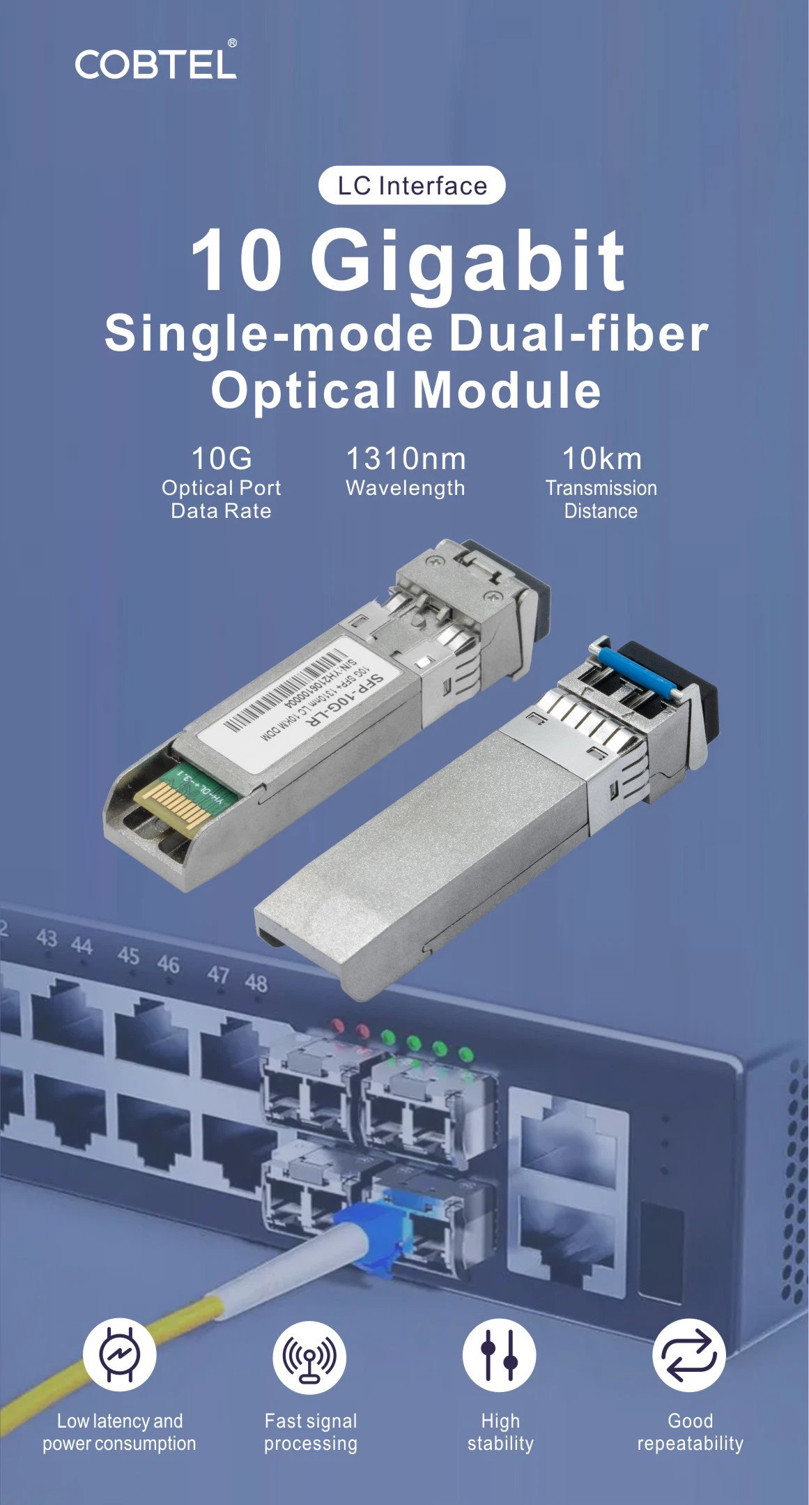 Cobtel 10G SFP+ LR optical transceiver module, angled view showing durable metal casing and LC interface for 10km singlemode fiber networks. Cobtel 10G SFP+ LR optical transceiver module, angled view showing durable metal casing and LC interface for 10km singlemode fiber networks.