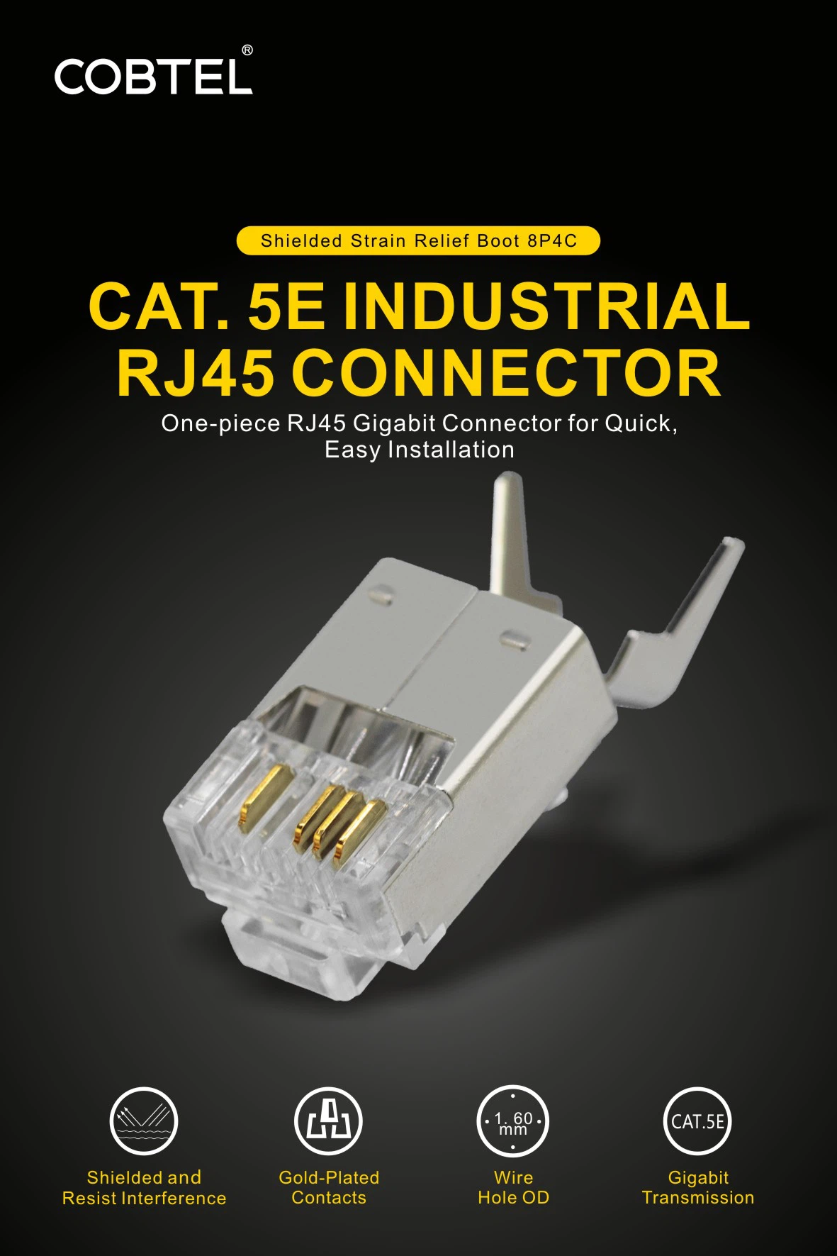Industrial Cat5e short-body shielded RJ45 connector showing nickel-plated metal housing and 50μ gold-plated contacts for reliable gigabit networking. Industrial Cat5e short-body shielded RJ45 connector showing nickel-plated metal housing and 50μ gold-plated contacts for reliable gigabit networking.