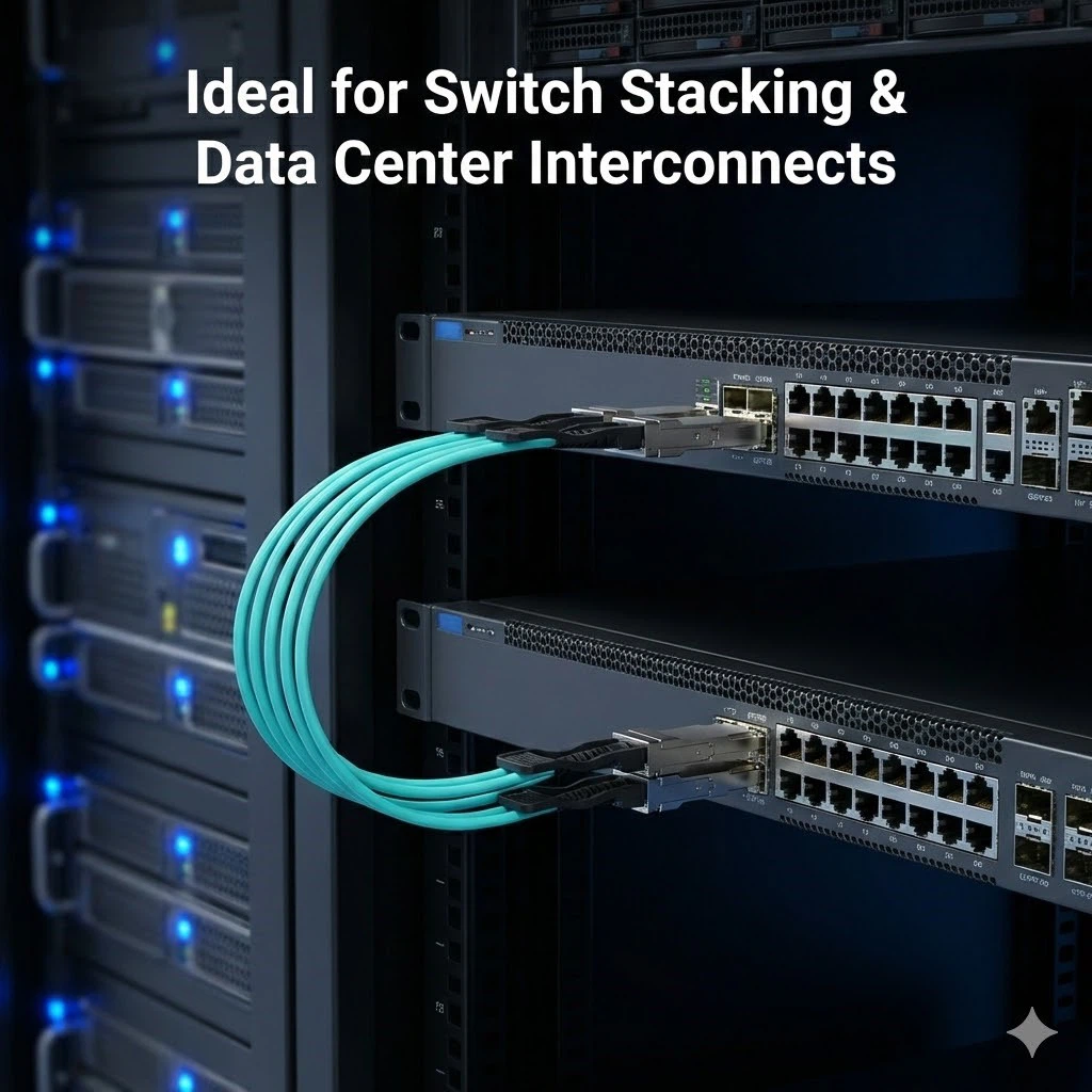 A photograph of a data center server rack showing two network switches connected by the cyan 100G QSFP28 AOC cable, illustrating its use for switch stacking and data center interconnects. A photograph of a data center server rack showing two network switches connected by the cyan 100G QSFP28 AOC cable, illustrating its use for switch stacking and data center interconnects.