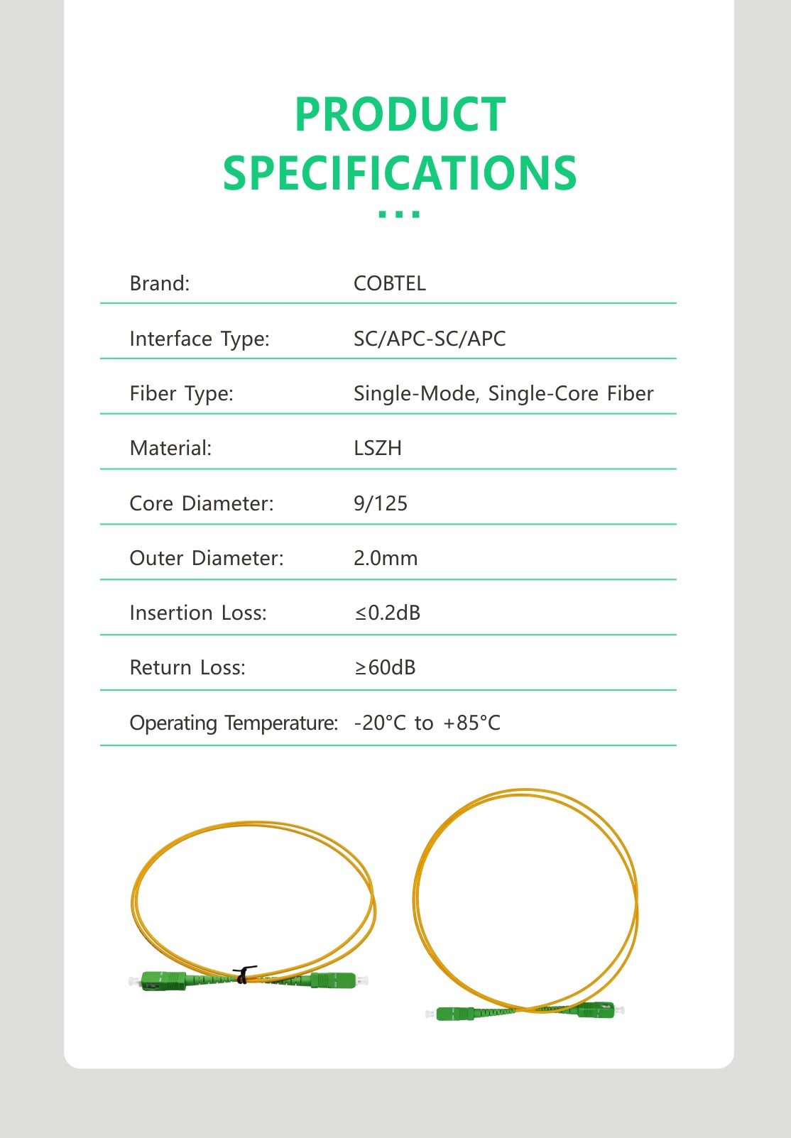 SC/APC Simplex Fiber Patch Cord – 9/125 LSZH 2.0MM10 SC/APC Simplex Fiber Patch Cord – 9/125 LSZH 2.0MM10