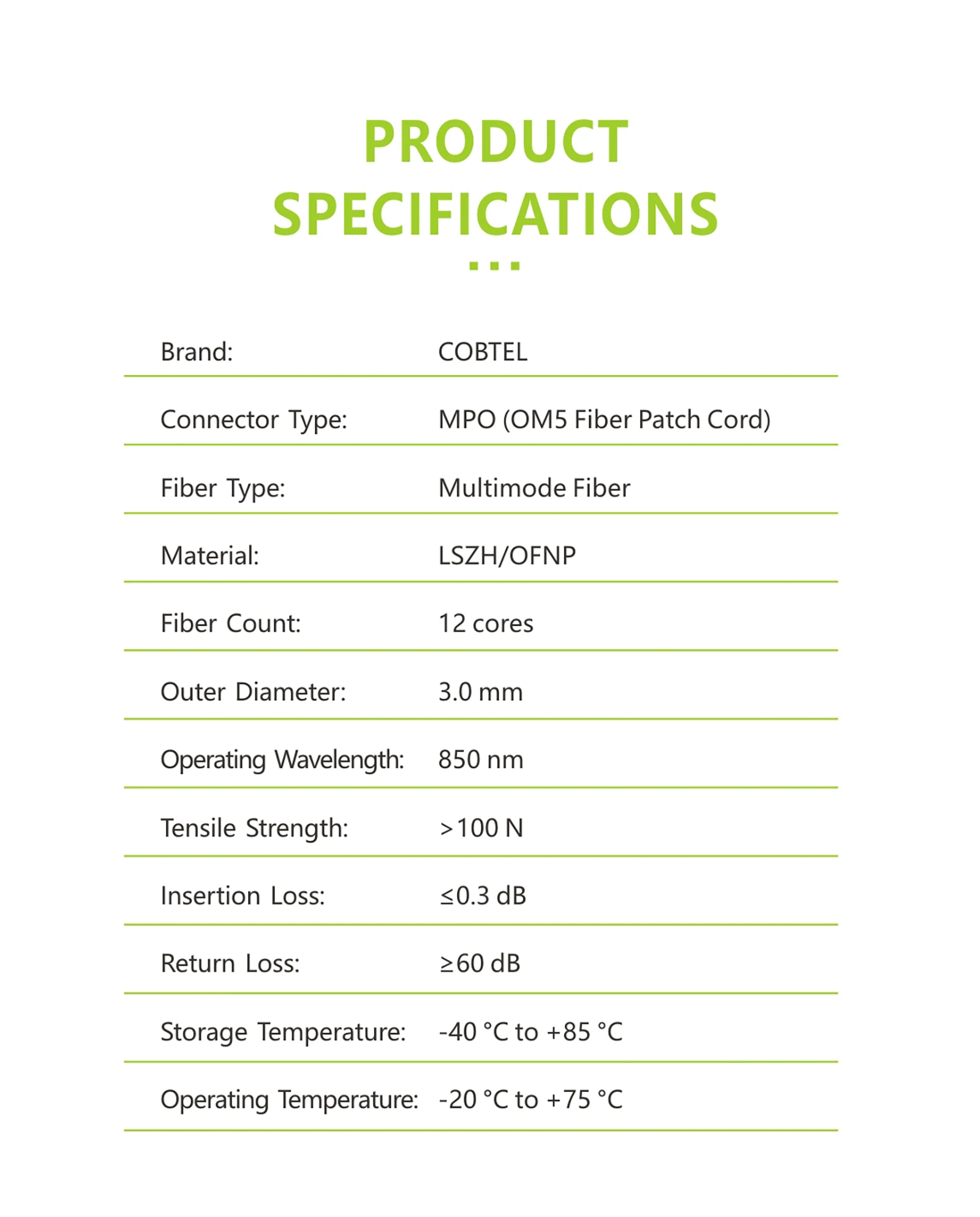 12-Core OM5 Multimode MPO Patch Cord Pre-Terminated Trunk Cable10 12-Core OM5 Multimode MPO Patch Cord Pre-Terminated Trunk Cable10