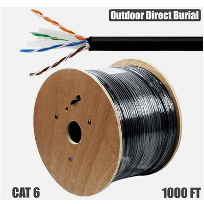 Outdoor CAT6 UTP Solid Cable Pure Copper 23awg Black PE Jacket 305m Drum.